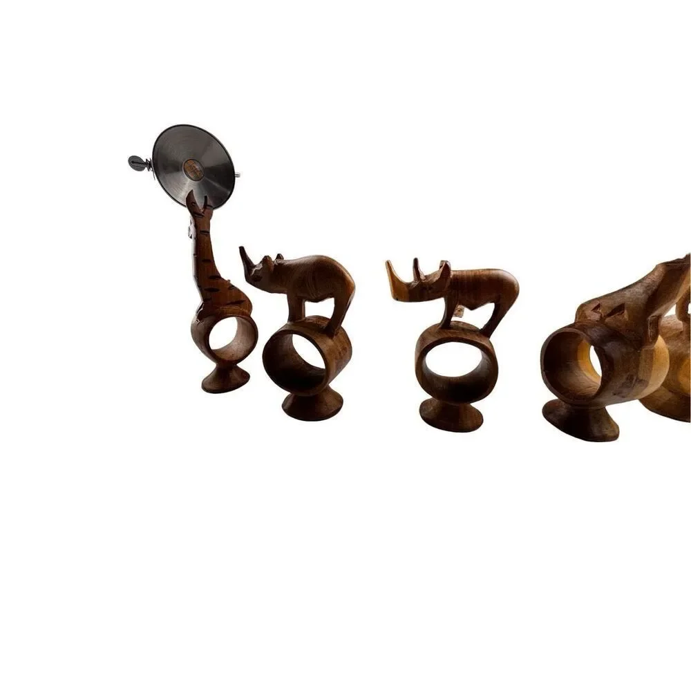 African hand Carved Teak Wood Napkin Rings, Set of 6